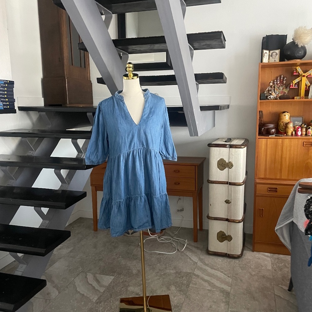 Zara Light Blue Tiered V-Neck Cotton Dress